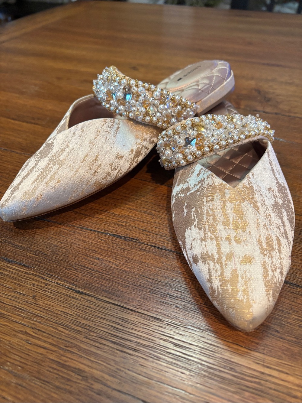 Birdies Pearl-Embellished Blush Satin Mules